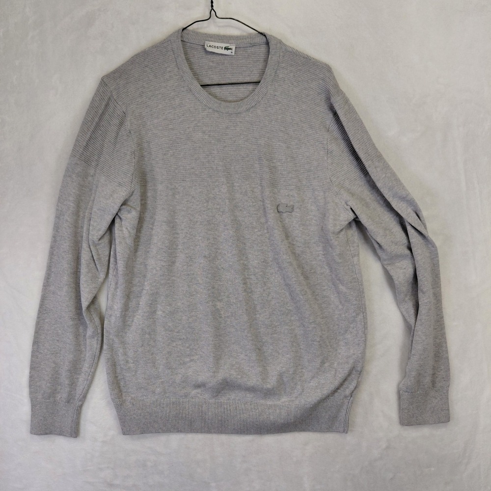 Lacoste Mens Crew Neck Sweater Heather Gray Ribbed Knit Logo Pullover Size M